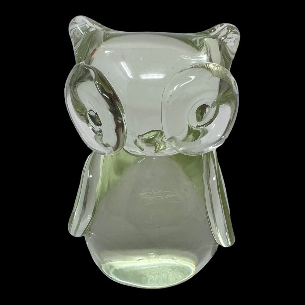 Kitschy Hand-Blown Clear Glass Owl Paperweight Figurine Darling Cute 3.5 in